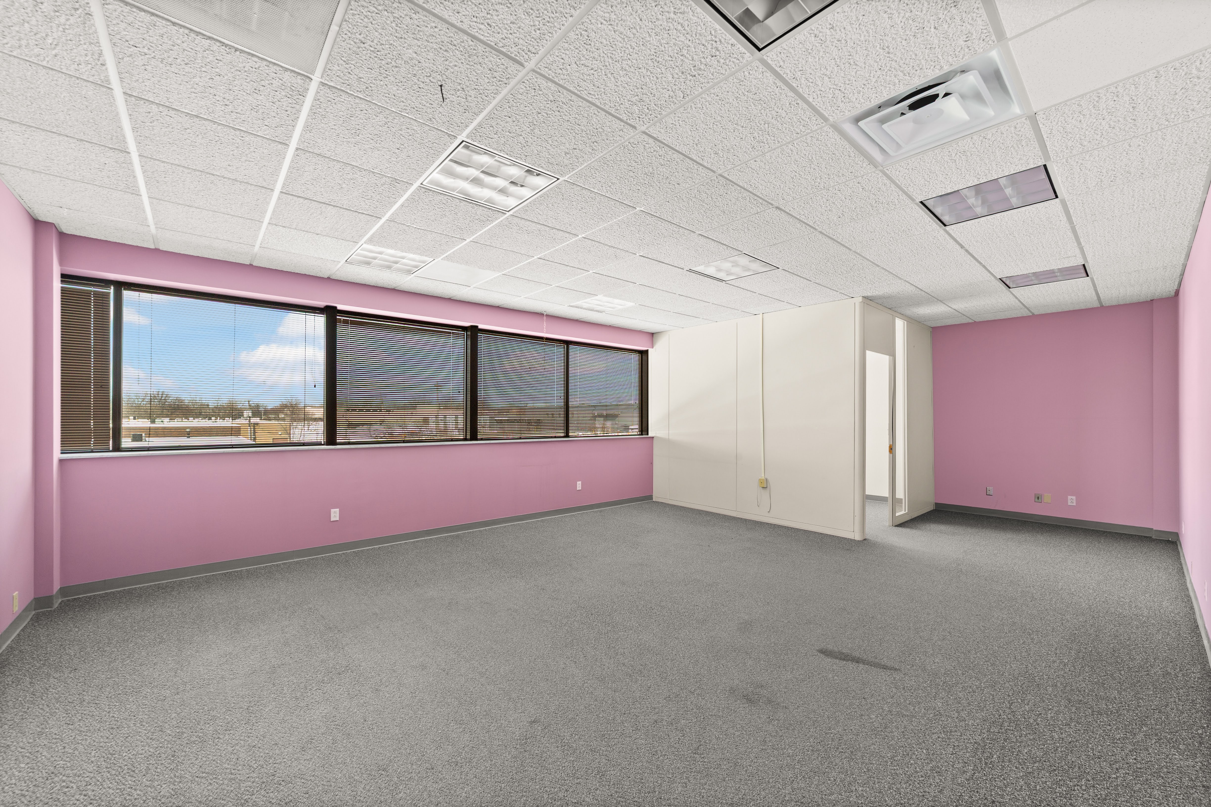 Empty office space with pink walls and partition