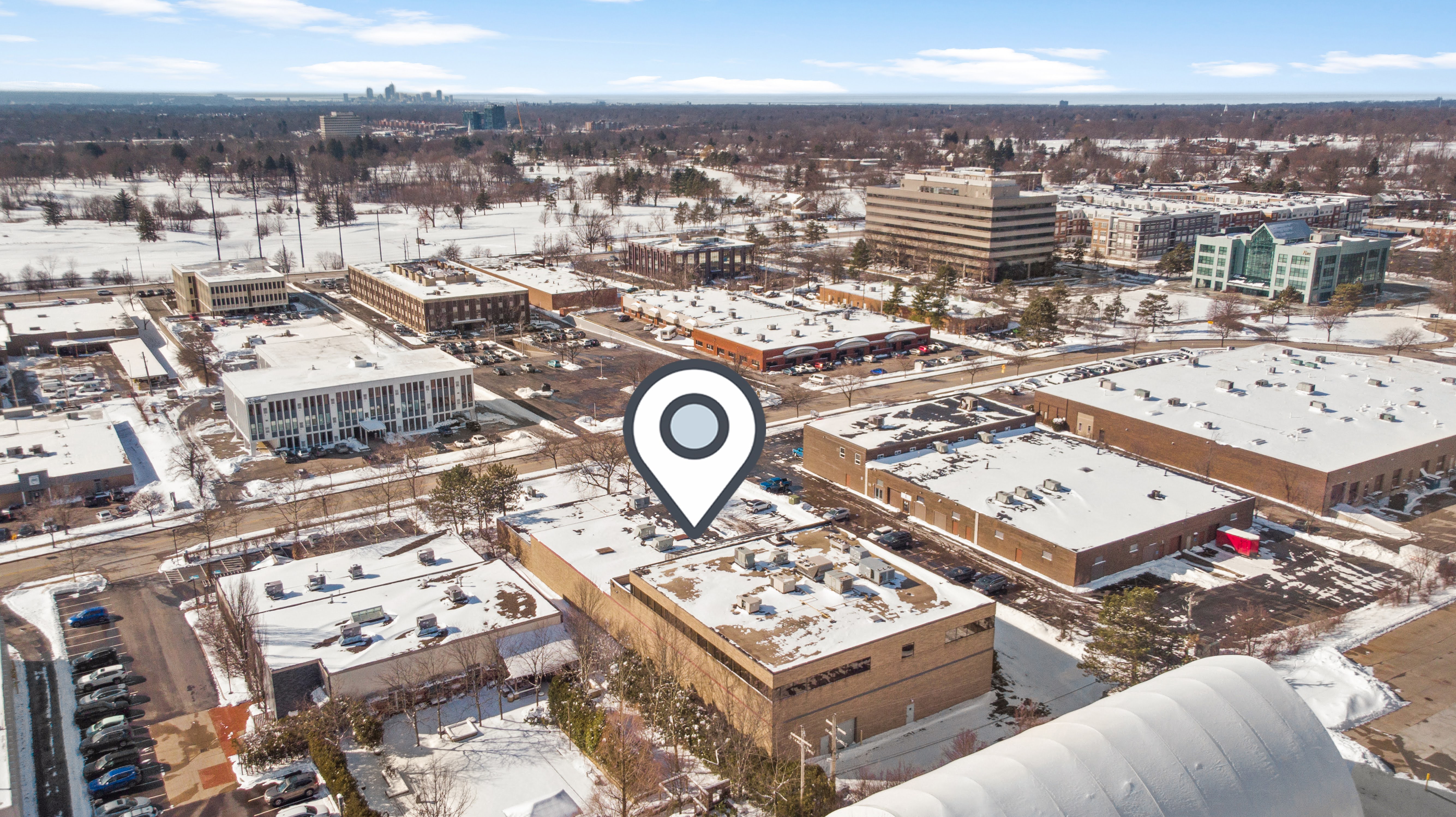 Aerial view of snow-covered urban landscape